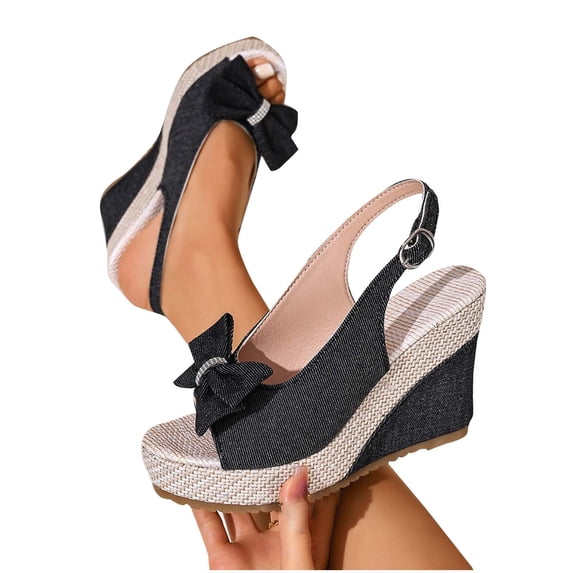 hoksml Women's Denim Bow Wedge Flatform Shoes, Open Toe Slingback Espadrille Flats for Summer Dressy Casual Wear, Black and Blue