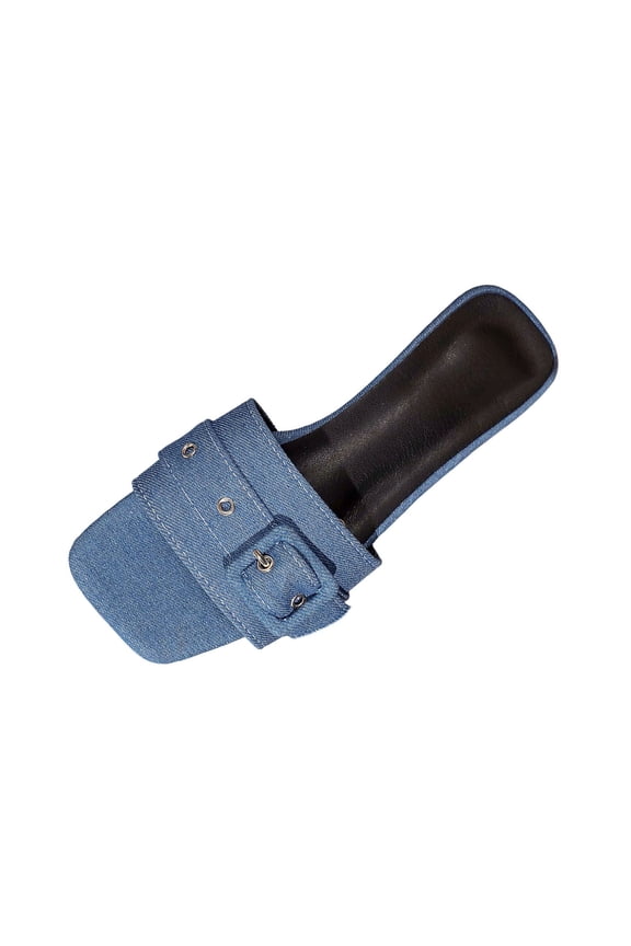 Women's Denim Cloth Slide Sandals, Square Open Toe Adjustable Buckle Flat Slip On Casual Summer Walking Mules