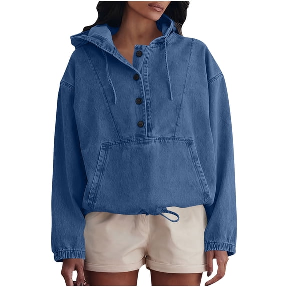hoksml Women's Denim Hoodie Button-Front Pullover Jacket Casual Long Sleeve Shirt Denim Sweatshirt Top