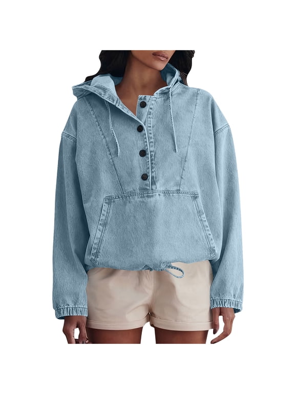 Women's Denim Hoodie Button-Front Pullover Jacket Casual Long Sleeve Shirt Denim Sweatshirt Top