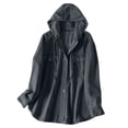 thumbnail image 1 of hoksml Women's Denim Shacket with Hood, Long Sleeve Button Down Oversized Top, Relaxed Fit Utility Jacket with Pockets for Daily Casual Outfit, 1 of 8