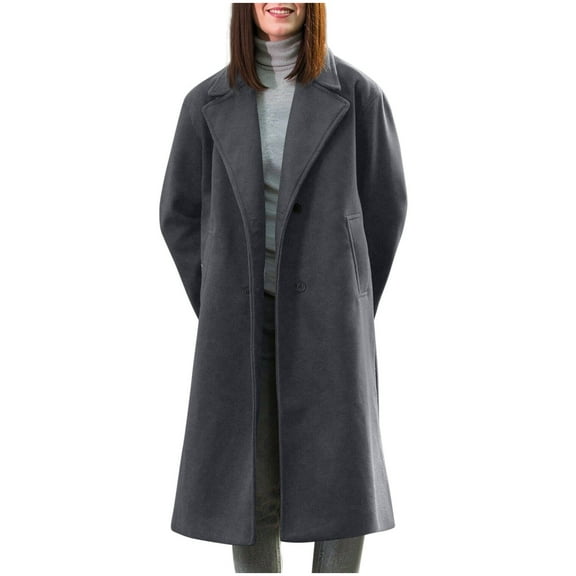 hoksml Women's Double Faced Wool Jacket Solid Color Casual Notch Lapel Long Sleeve Button Front Fall Coat with Pockets