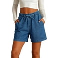 thumbnail image 1 of hoksml Women's Drawstring Elastic Waist Denim Shorts, Casual High Waist Jean Shorts with Pockets, Solid Color Summer Loose Fit Shorts, 1 of 8