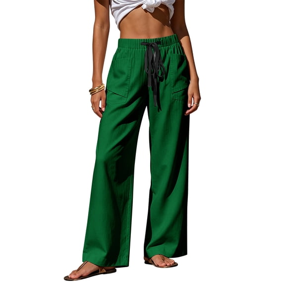 hoksml Women's Drawstring High Waist Wide Leg Pants, Elastic Casual Pants with Patch Pockets, Loose Fit Pants for Summer Daily and Beach Wear