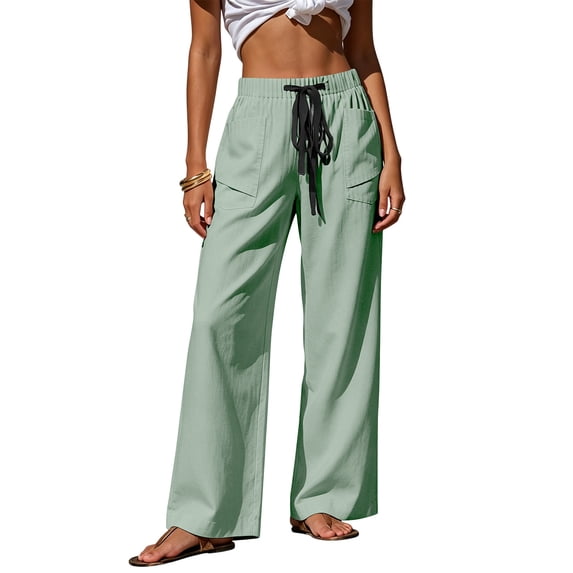 hoksml Women's Drawstring High Waist Wide Leg Pants, Elastic Casual Pants with Patch Pockets, Loose Fit Pants for Summer Daily and Beach Wear