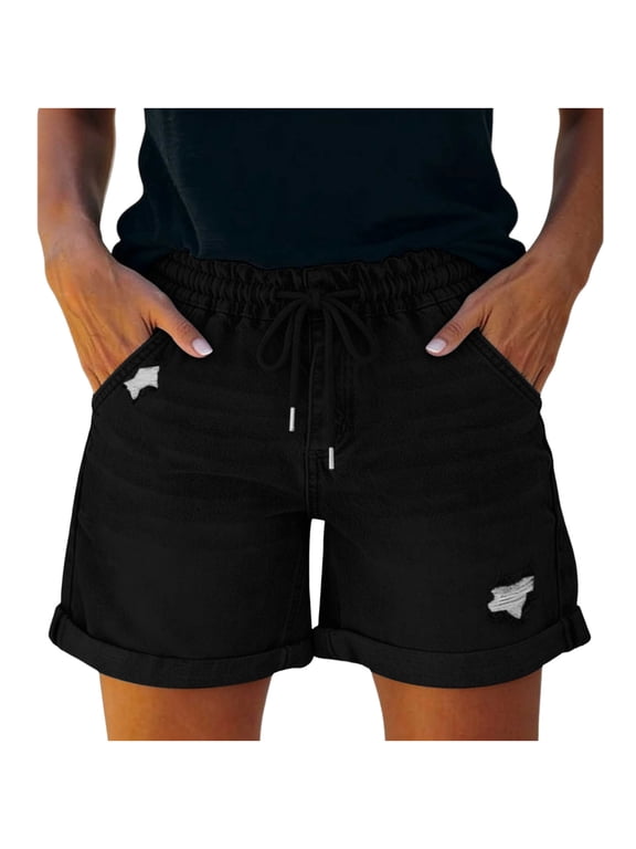 Women's Drawstring Waist Ripped Denim Shorts, Cuffed Hem Distressed Jean Shorts, Casual Summer Shorts