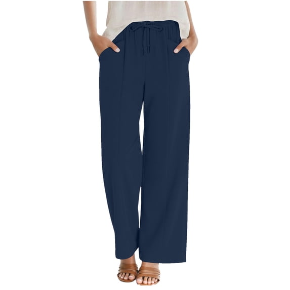 hoksml Women's Drawstring Wide Leg Pants, Lightweight Linen-Blend Casual Trousers with Pockets