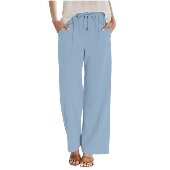 hoksml Women's Drawstring Wide Leg Pants, Lightweight Linen-Blend Casual Trousers with Pockets