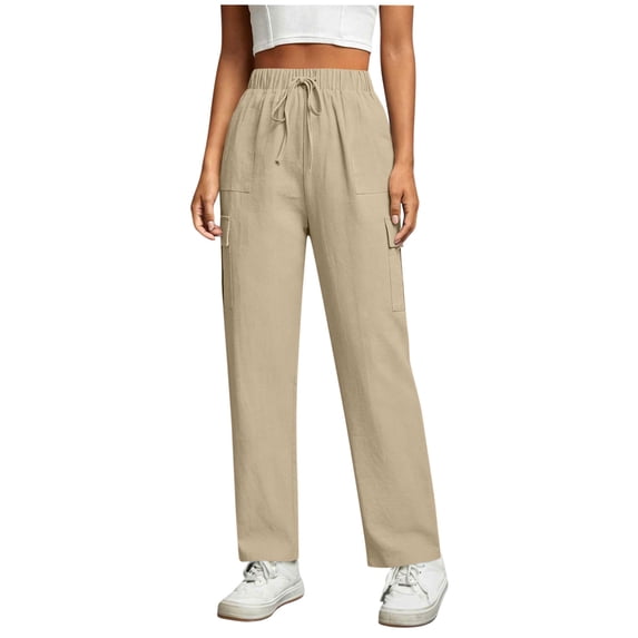 hoksml Women's Elastic Waist Drawstring Cargo Pants, Cotton Linen Straight Leg Casual Trousers with Pockets