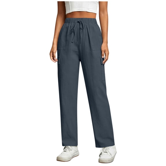 hoksml Women's Elastic Waist Drawstring Cargo Pants, Cotton Linen Straight Leg Casual Trousers with Pockets