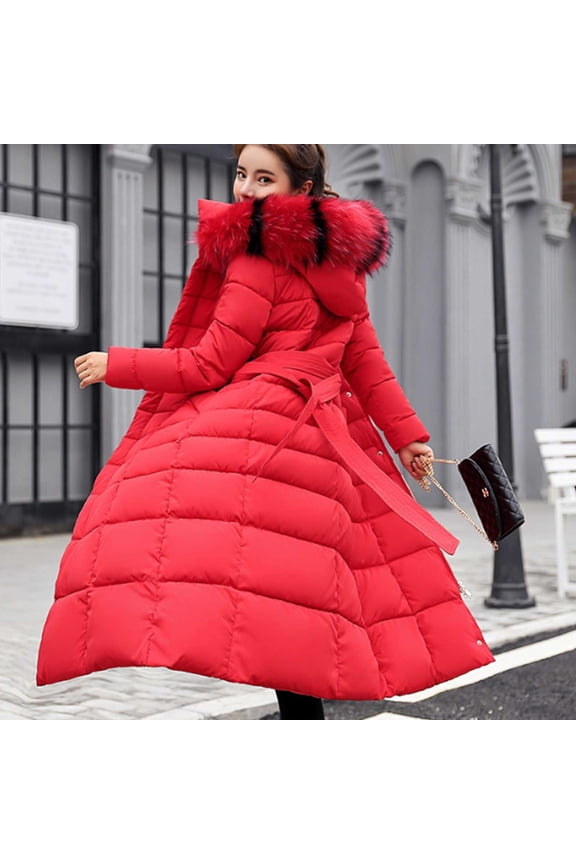 Women's Extended Length Winter Coat Puffer Jacket Over-the-knee Loose Cold-proof Warm Thickened Hooded Zip Coat with Tie Waist Parka