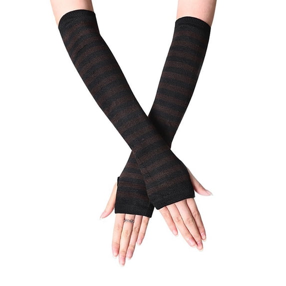hoksml Women's Extra Long Striped Fingerless Gloves Knit Arm and Hand Warmers for Winter
