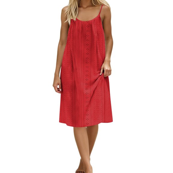 hoksml Women's Eyele Backless Cami Dress Summer Beach Spaghetti Strap Flowy Mini Dress