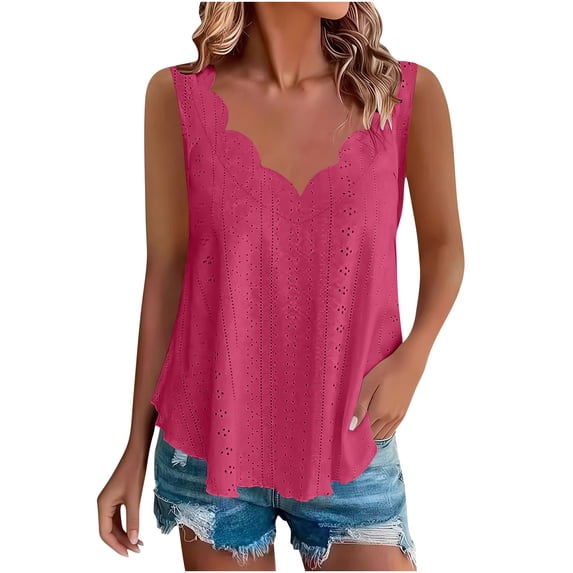 hoksml Women's Eyelet Embroidery Tank Top Sleeveless Scalloped V Neck Loose Fit Flowy Casual Summer Blouse