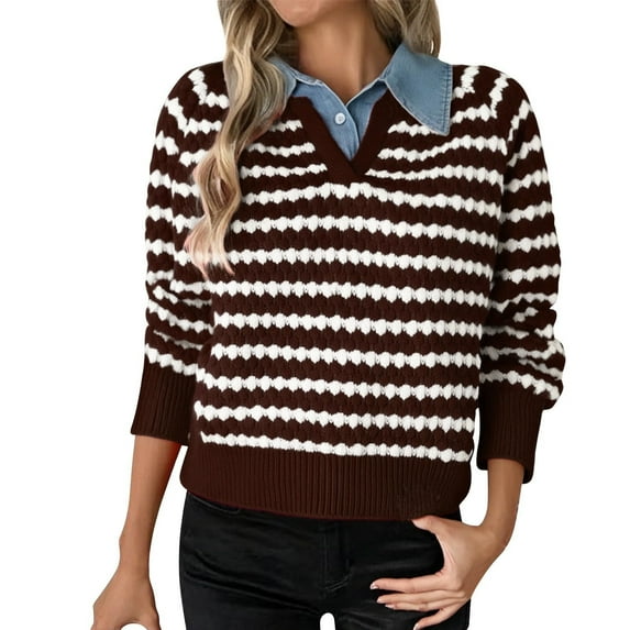 hoksml Women's Fake Two-Layer Denim Collar Sweater Striped Contrast Knit Pullover Long Sleeve Warm Fall Winter Casual Top