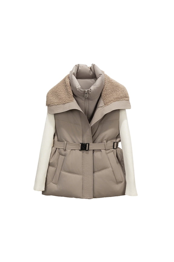 Women's Fall Winter Down Vest Stand Collar Sleeveless Jacket Slim Light Adjustable Buckle Belt Zipper Puffer Vest Top with Pockets