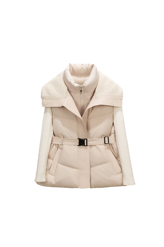 Women's Fall Winter Down Vest Stand Collar Sleeveless Jacket Slim Light Adjustable Buckle Belt Zipper Puffer Vest Top with Pockets