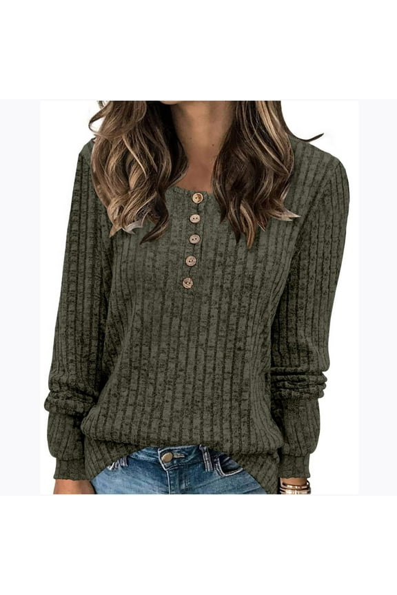 Women's Fall Winter Solid Color Pullover Sweater Ribbed Texture Long Sleeve Button Detail Crewneck Loose Fit Cozy Knit Top