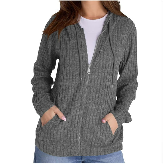 hoksml Women's Fashion Solid Color Ribbed Knit Hooded Top Coat Long Sleeve Loose Drawstring Hoodies with Pocket