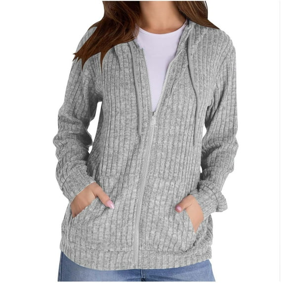 hoksml Women's Fashion Solid Color Ribbed Knit Hooded Top Coat Long Sleeve Loose Drawstring Hoodies with Pocket