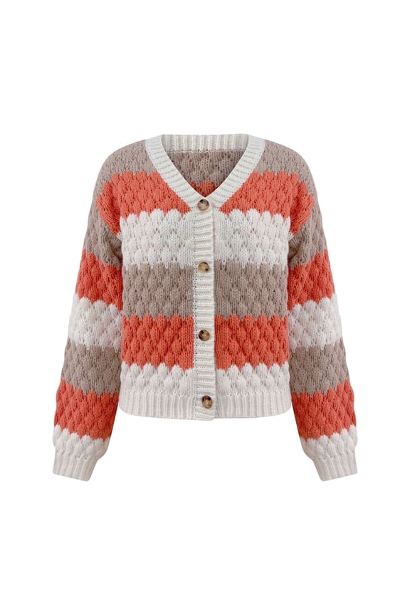 Women's Fashion V-Neck Color Block Cardigan Long Sleeve Button Up Open Knit Sweater Jacket Casual Fall Outwear Wrap