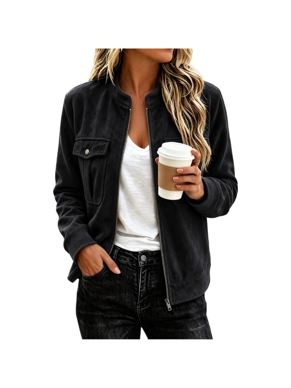 Women's Faux Suede Bomber Jacket, Crew Neck Full Zip Casual Outerwear with Flap Pockets