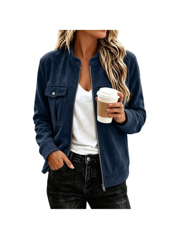 Women's Faux Suede Bomber Jacket, Crew Neck Full Zip Casual Outerwear with Flap Pockets