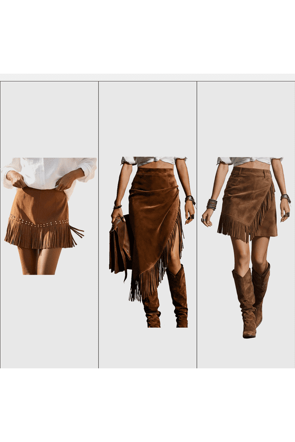 Women's Faux Suede Fringe Skirts High Waist Mini Skirt, Asymmetrical Midi Skirt, and Tiered Fringe Maxi Skirt with Back Zipper for Western and Festival Wear