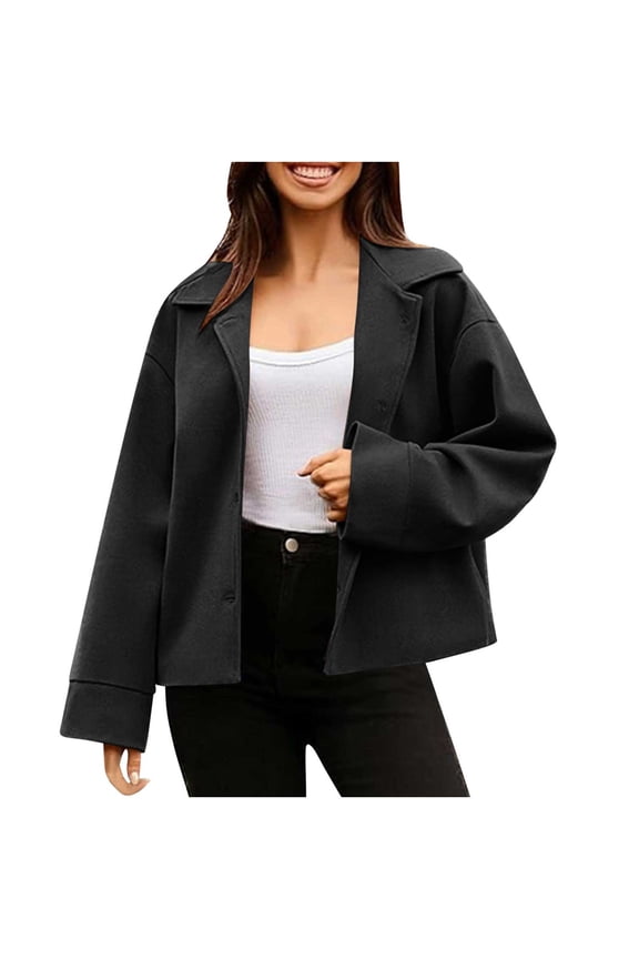 Women's Faux Wool Short Blazer Jacket Solid Color Lambhair Fall Winter Composite Thick Velvet Jacket Notch Lapel Office Button Up Top