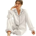 thumbnail image 1 of hoksml Women's Feather Trim Satin-Like Pajama Set Long Sleeve Loungewear Two-piece Set Elegant Sleepwear for Home and Out, 1 of 7