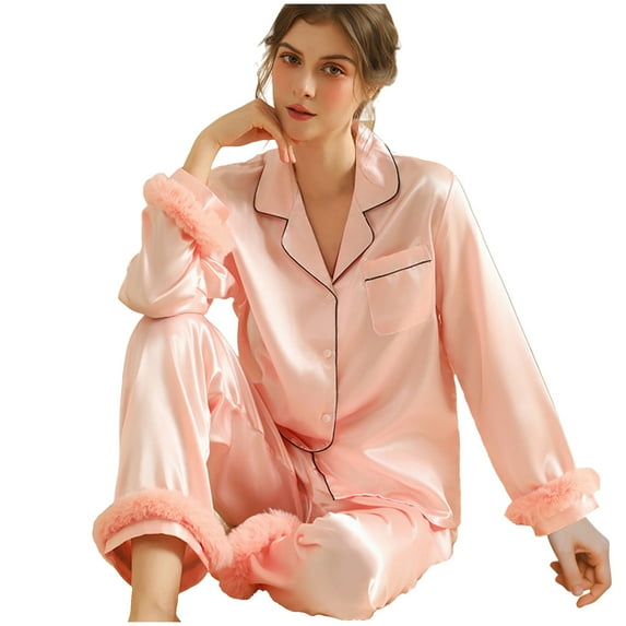 hoksml Women's Feather Trim Satin-Like Pajama Set Long Sleeve Loungewear Two-piece Set Elegant Sleepwear for Home and Out