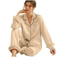 thumbnail image 1 of hoksml Women's Feather Trim Satin-Like Pajama Set Long Sleeve Loungewear Two-piece Set Elegant Sleepwear for Home and Out, 1 of 8
