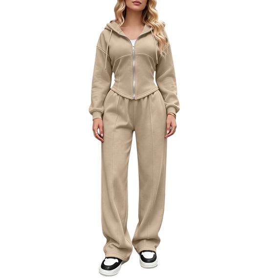 hoksml Women's Fleece Lined Hooded Tracksuit Set, Zip Up Cropped Hoodie and Wide Leg Pants 2 Piece Outfit, Casual Daily Loungewear