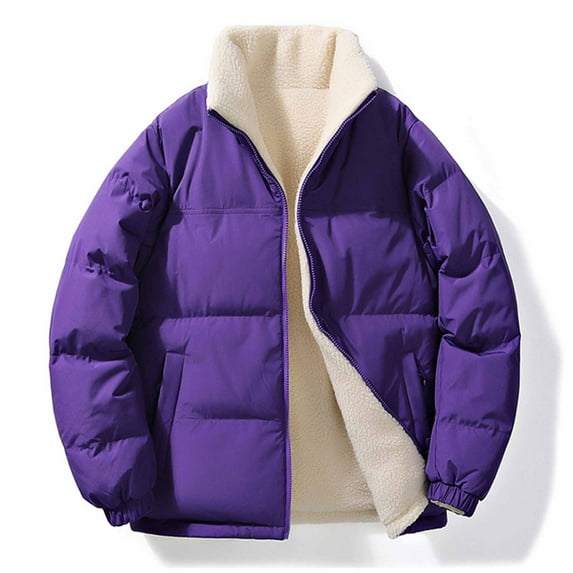 hoksml Women's Fleece Lined Jacket with Stand Collar Solid Color Winter Coat Warm Long Sleeve Zip Front Jacket with Pockets