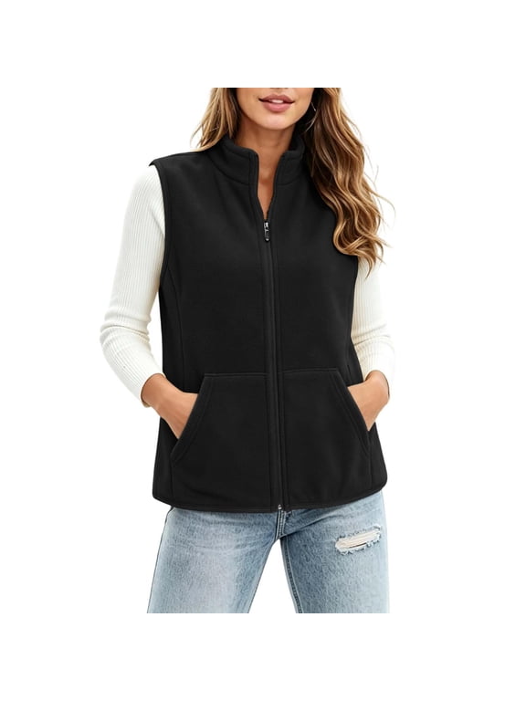 Women's Fleece Stand Collar Vest, Zip Up Sleeveless Loose Casual Layering Gilet for Spring Fall Winter