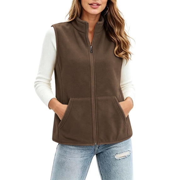 hoksml Women's Fleece Stand Collar Vest, Zip Up Sleeveless Loose Casual Layering Gilet for Spring Fall Winter