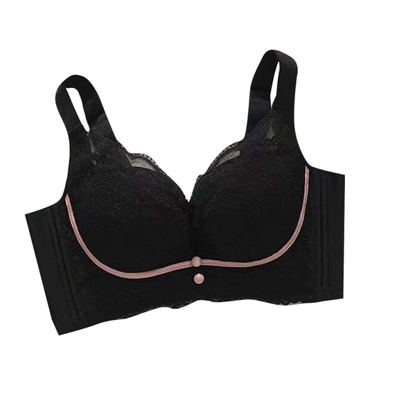 hoksml Women's Floral Lace Wireless Bra, Adjustable Wide Straps Medium Support Comfort Bra with Contrast Trim and Decorative Buttons