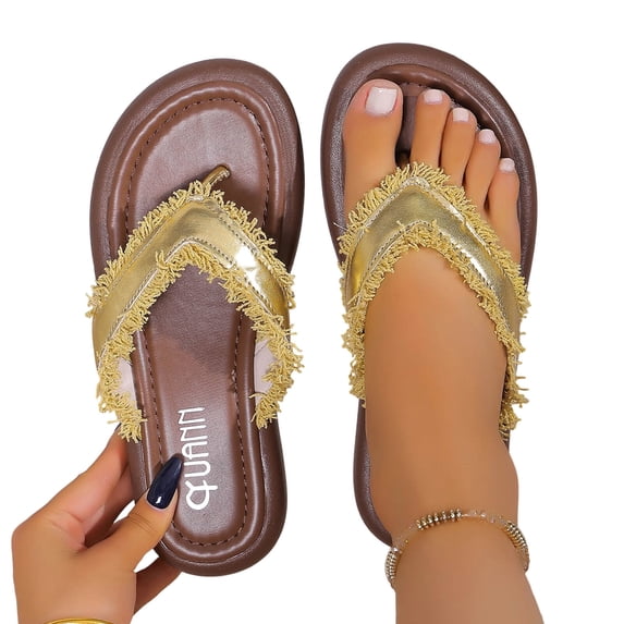 hoksml Women's Fringe Trim Flip Flops, Cushioned Non-Slip Flat Sandals for Beach and Casual Wear