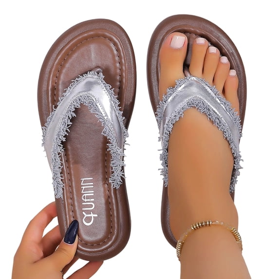 hoksml Women's Fringe Trim Flip Flops, Cushioned Non-Slip Flat Sandals for Beach and Casual Wear