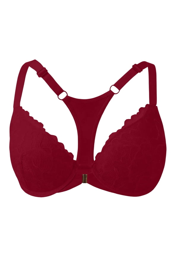Women's Front Closure Floral Lace Underwire Bra T Back Adjustable Thin Straps Racerback Comfort