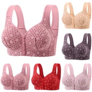 hoksml Womens Front-hook Bra Printed Wire-free Plus Size Full Coverage Gathered Thin Cup Underwear Everyday Bras