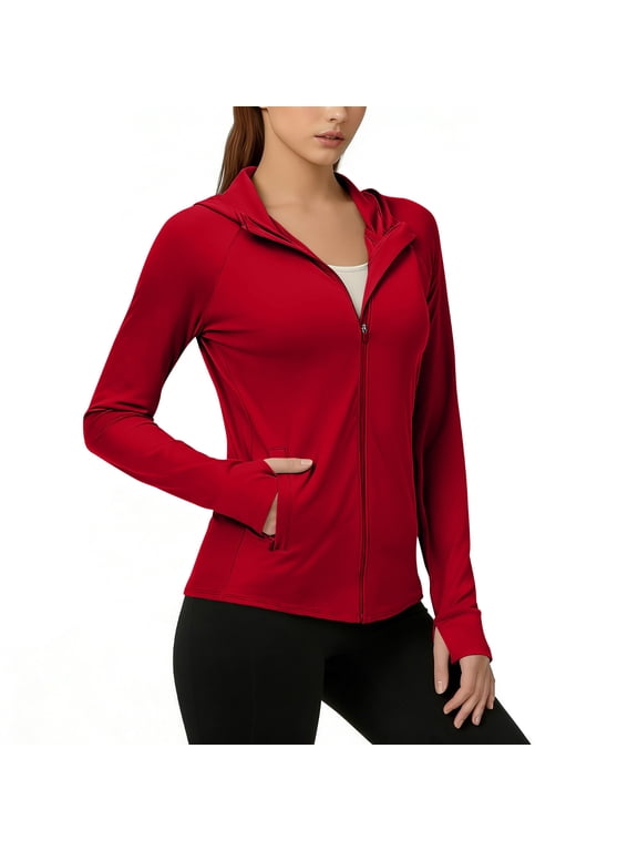 Women's Full Zip Hooded Athletic Jacket with Thumb Holes, UPF 50+ Sun Protection Workout Top for Running Yoga