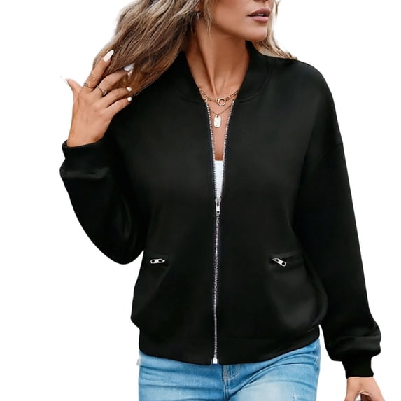 hoksml Women's Full Zip Jacket, Ribbed Collar Long Sleeve Zip Up Outerwear with Zipper Pockets, Oversized Loose Fit Solid Color Casual Coat