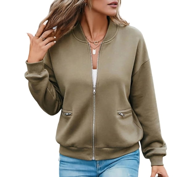 hoksml Women's Full Zip Jacket, Ribbed Collar Long Sleeve Zip Up Outerwear with Zipper Pockets, Oversized Loose Fit Solid Color Casual Coat