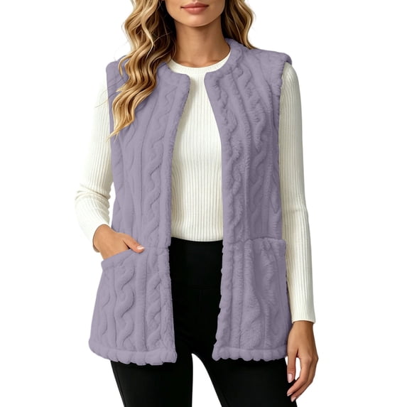 hoksml Women's Fuzzy Cable Textured Vest Open Front Sleeveless with Pockets Warm Soft Gilet for Daily Casual Layering Travel Comfort