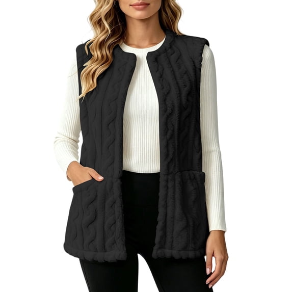 hoksml Women's Fuzzy Cable Textured Vest Open Front Sleeveless with Pockets Warm Soft Gilet for Daily Casual Layering Travel Comfort