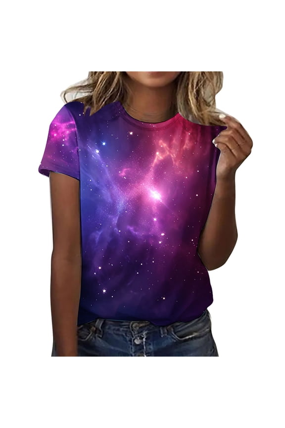 Women's Galaxy Print Short Sleeve T-Shirt Crew Neck Cosmic Nebula Space Graphic Casual Summer Top