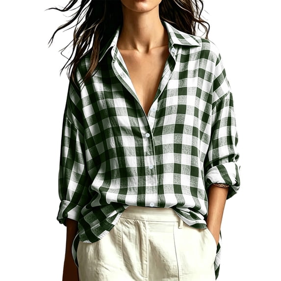 hoksml Women's Gingham Plaid Button Down Shirt, Drop Shoulder Oversized Blouse with Lapel Collar, Rolled Cuffs and Relaxed Fit