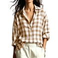 thumbnail image 1 of hoksml Women's Gingham Plaid Button Down Shirt, Drop Shoulder Oversized Blouse with Lapel Collar, Rolled Cuffs and Relaxed Fit, 1 of 9