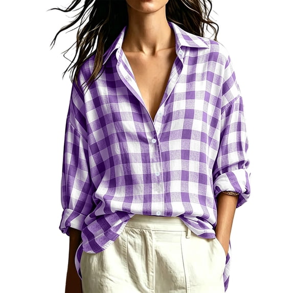 hoksml Women's Gingham Plaid Button Down Shirt, Drop Shoulder Oversized Blouse with Lapel Collar, Rolled Cuffs and Relaxed Fit